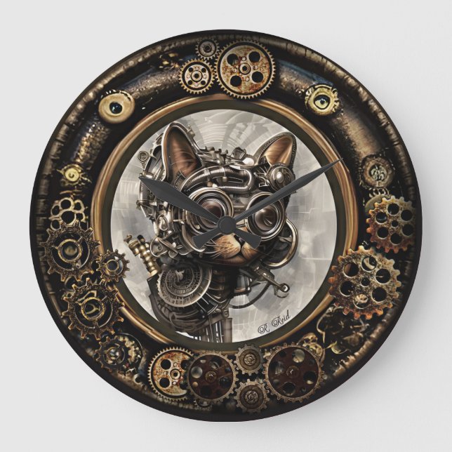 Steampunk Cat Wearing Goggles - WALL CLOCK Große Wanduhr (Vorderseite)
