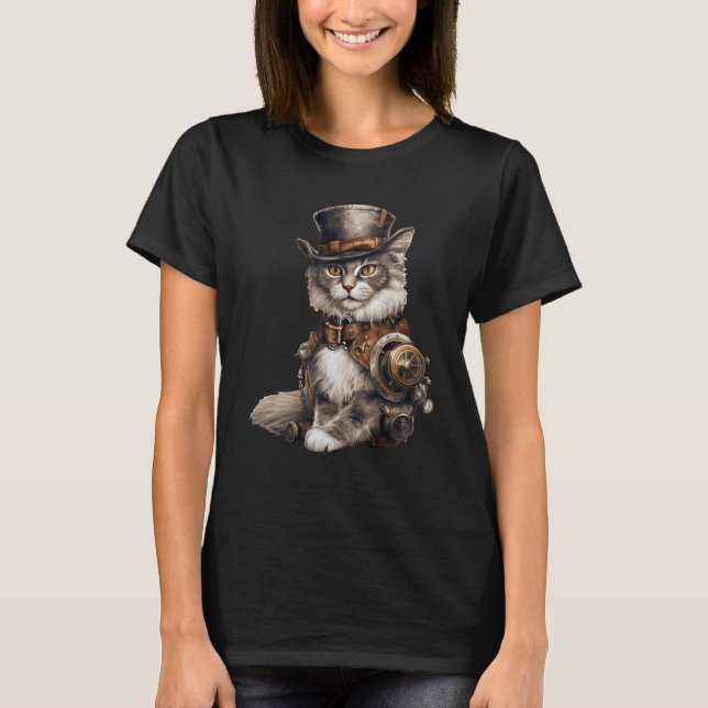Steampunk Cat With Hat Graphic Design Cat  Fantasy T-Shirt (Vorderseite)