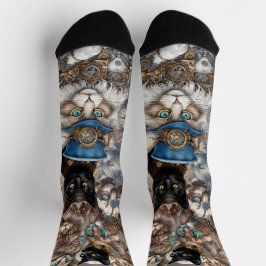 Steampunk Cats Themed Black Crew Socken