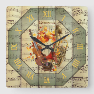 Steampunk~Cello~Edison Phonograph~Bass Saxhorn ~ Quadratische Wanduhr