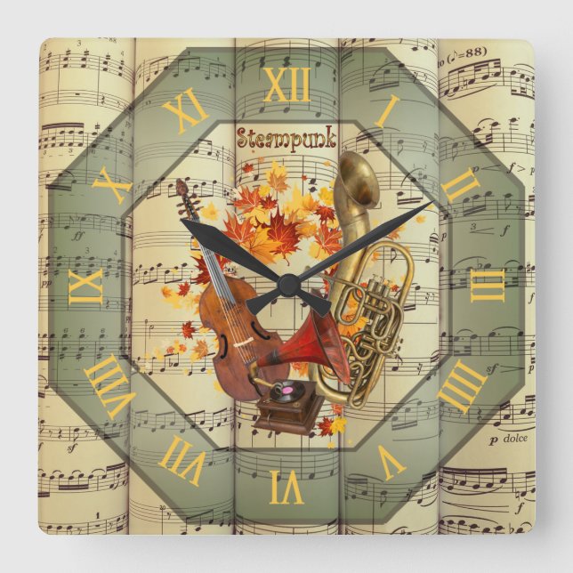 Steampunk~Cello~Edison Phonograph~Bass Saxhorn ~ Quadratische Wanduhr (Vorderseite)