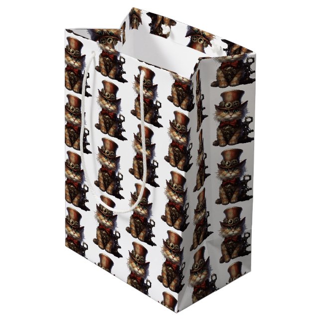 Steampunk Chat Kitten roter Hut Mittlere Geschenktüte (Rückseite Schrägansicht)
