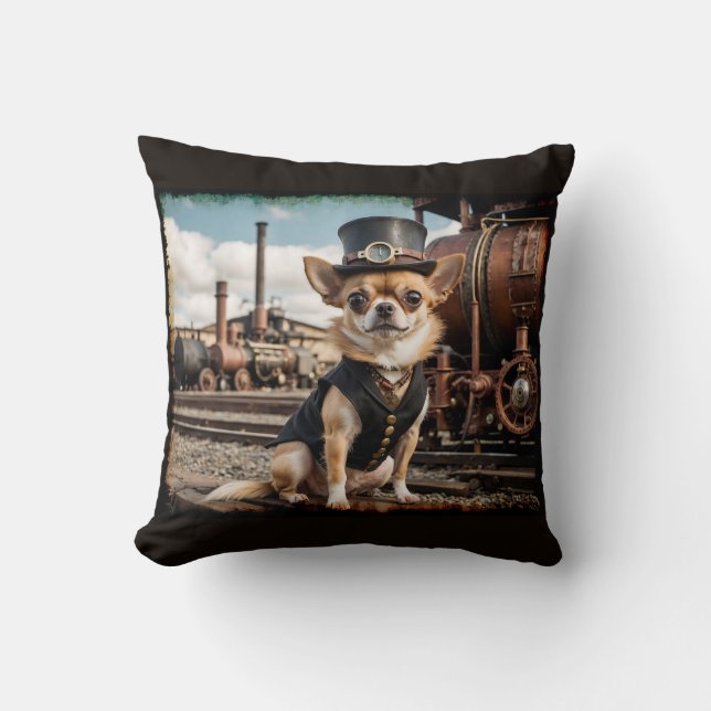 Steampunk Chihuahua und Zug Kissen (Vorderseite)
