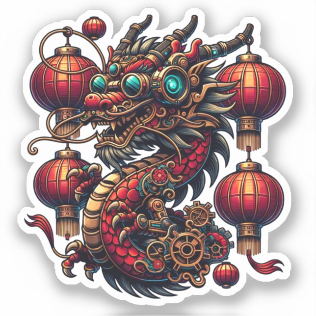 Steampunk Chinese New Year Dragon Aufkleber (Vorderseite)
