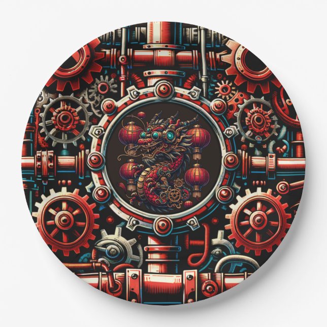 Steampunk Chinese New Year Dragon Pappteller (Vorderseite)