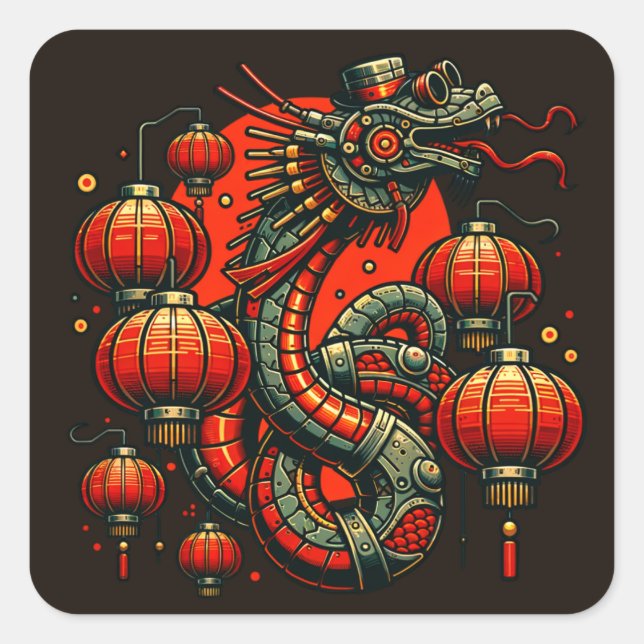 Steampunk Chinese New Year Snake Quadratischer Aufkleber (Vorderseite)
