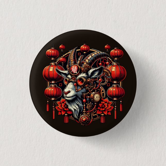 Steampunk Chinesisches Neujahrs Ziege Button (Vorderseite)