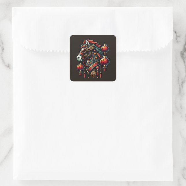 Steampunk Chinesisches Neujahrspferd Quadratischer Aufkleber (Tasche)
