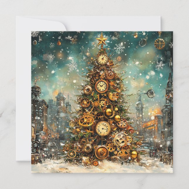 Steampunk Christmas Tree Grußkarte (Vorderseite)
