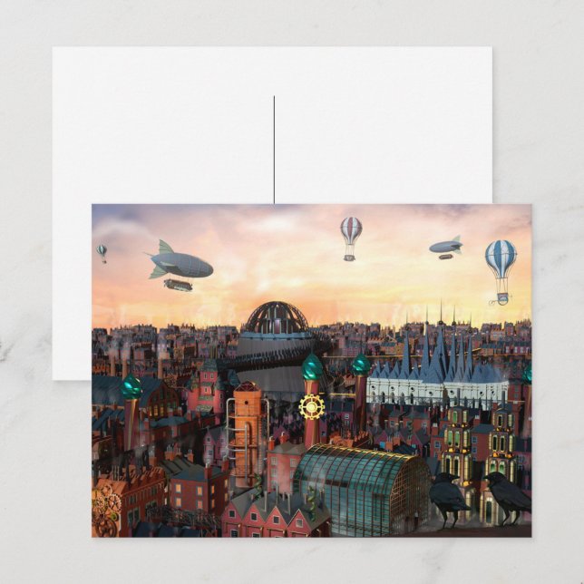 Steampunk City Gebäude Postkarte (Vorne/Hinten)