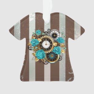 Steampunk Clock and Turquoise Roses on Striped