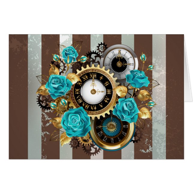 Steampunk Clock and Turquoise Roses on Striped (Devant horizontal)