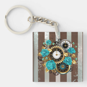 Steampunk Clock and Turquoise Roses on Striped