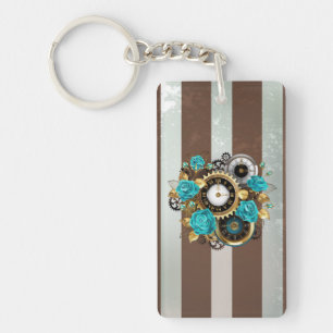 Steampunk Clock and Turquoise Roses on Striped