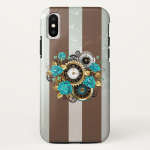 Steampunk Clock and Turquoise Roses on Striped Case-Mate iPhone Hülle