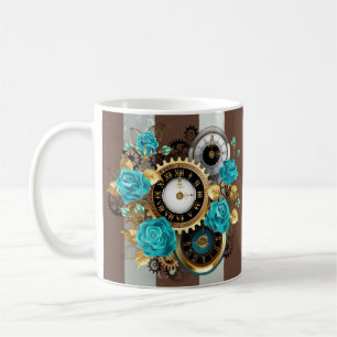 Steampunk Clock and Turquoise Roses on Striped Kaffeetasse