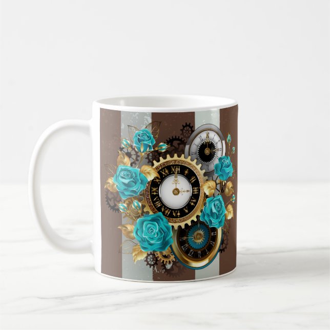 Steampunk Clock and Turquoise Roses on Striped Kaffeetasse (Links)