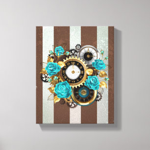 Steampunk Clock and Turquoise Roses on Striped Leinwanddruck