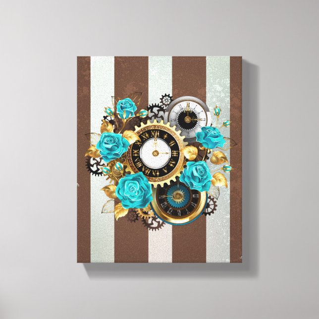 Steampunk Clock and Turquoise Roses on Striped Leinwanddruck (Vorderseite)