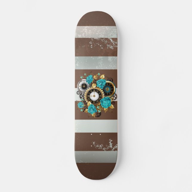 Steampunk Clock and Turquoise Roses on Striped Skateboard (Vorderseite)