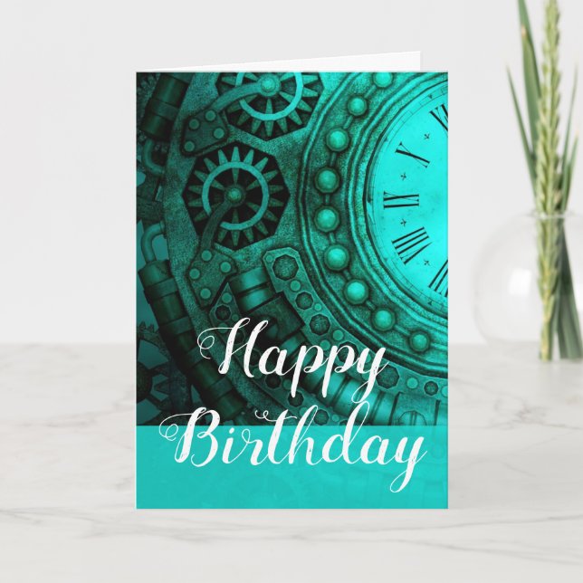 Steampunk Clock & Gears Birthday Karte (Vorderseite)