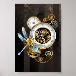 Steampunk Clock with Mechanical Dragonfly Poster