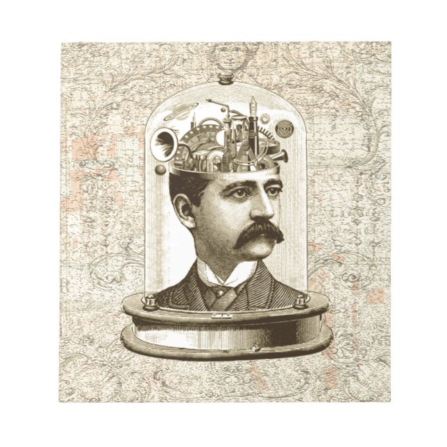 Steampunk clockwork brain head in jar notizblock (Vorderseite)