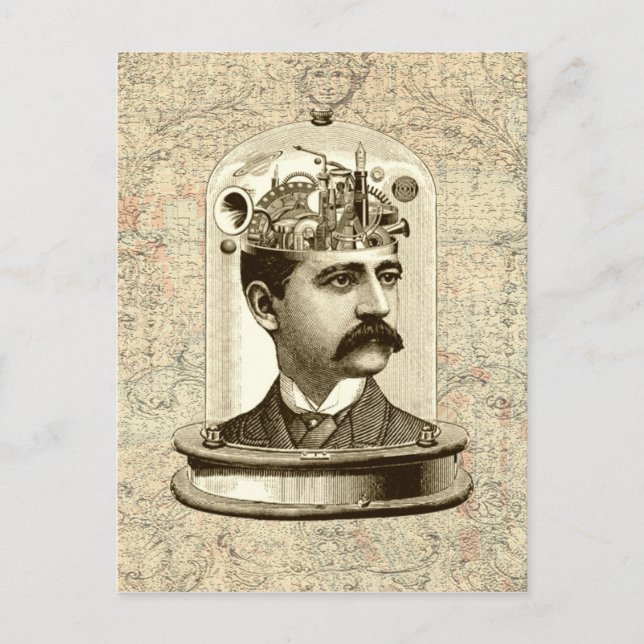 Steampunk clockwork brain head in jar postkarte (Vorderseite)