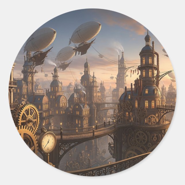 Steampunk Clockwork City Runder Aufkleber (Vorderseite)