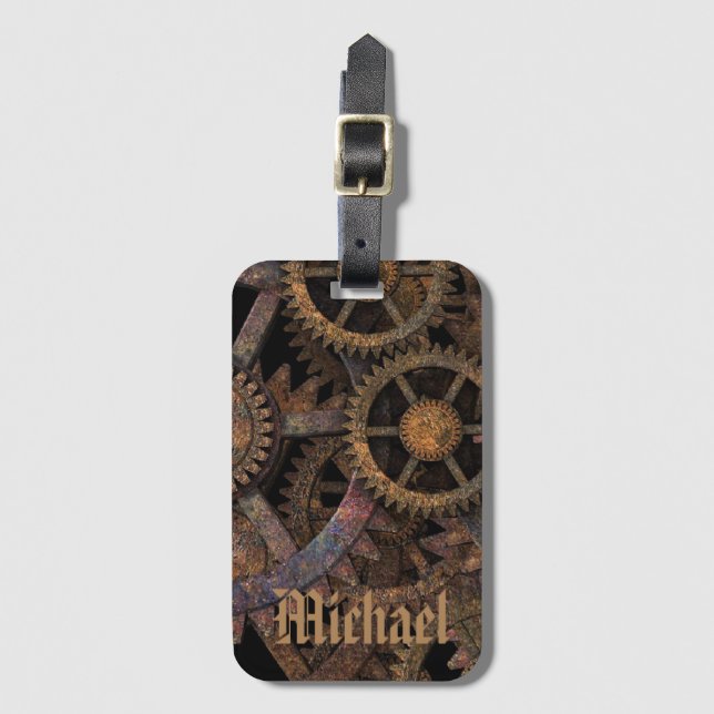 Steampunk Cogs and Wheels Personalised Gepäckanhänger (Vorderseite Vertikal)