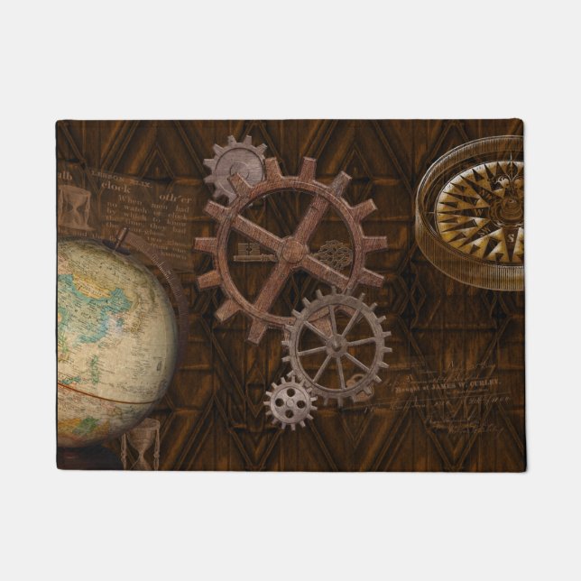 Steampunk Cogs , Gears, Globe & Skelton Key Fußmatte (Vorderseite)