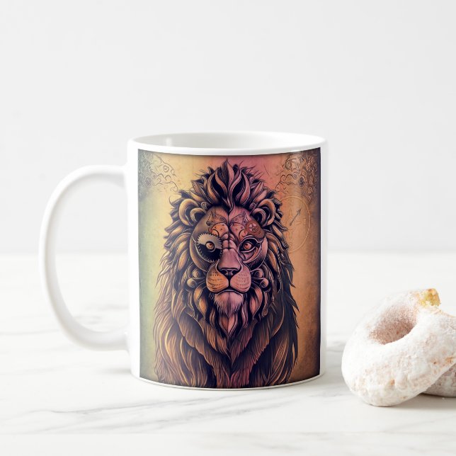 Steampunk Color Gradient Rustikale Lion Kaffeetasse (Mit Donut)