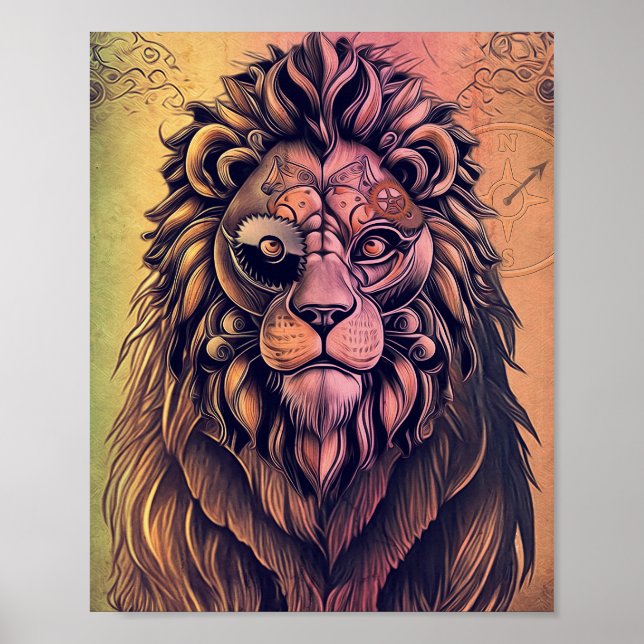 Steampunk Color Gradient Rustikale Lion Poster (Vorne)