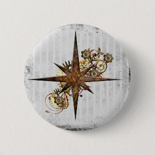 Steampunk Compass Star Grunge Button
