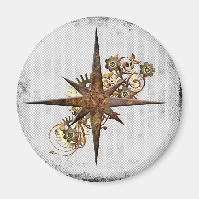 Steampunk Compass Star Grunge Magnet (Vorne)