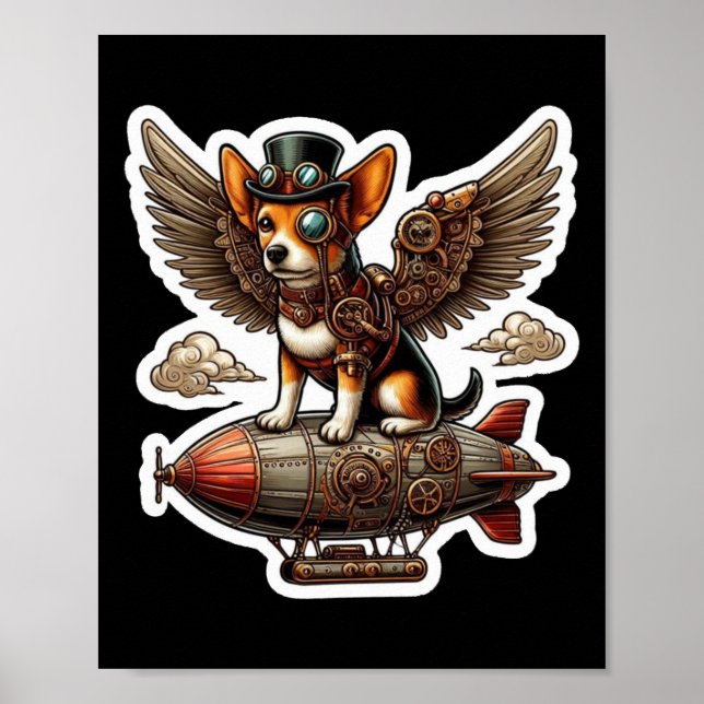 Steampunk Corgi Adventure Sticker - Whimsical Flyi Poster (Vorne)