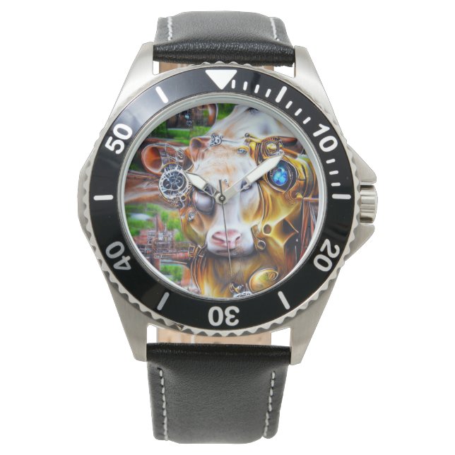 Steampunk Cyber Cow Armbanduhr (Vorderseite)
