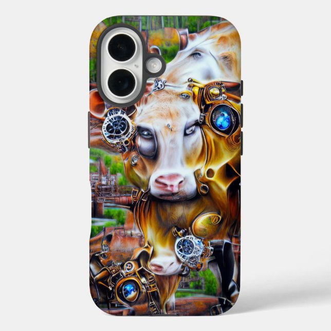 Steampunk Cyber Cow iPhone 16 Hülle (Rückseite)