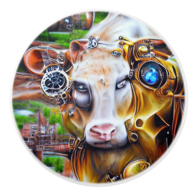 Steampunk Cyber Cow Keramikknauf (Vorderseite)