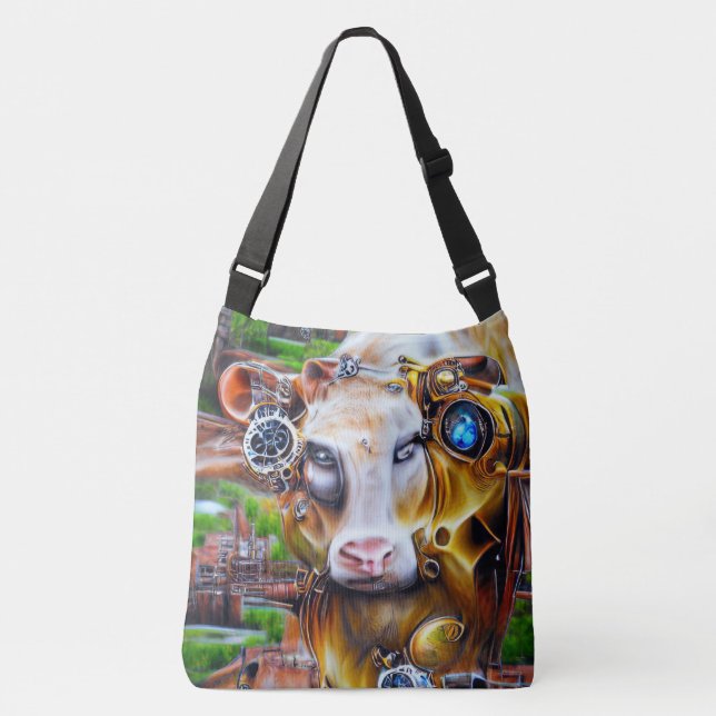 Steampunk Cyber Cow Tragetaschen Mit Langen Trägern (Vorderseite)