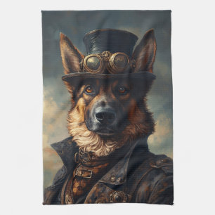 Steampunk Deutscher Schäferhund mit Zylinder Geschirrtuch