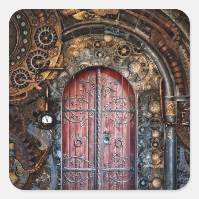Steampunk Docket Watch Hochzeitsticker Quadratischer Aufkleber (Vorderseite)