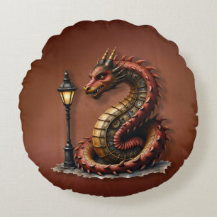 Steampunk Dragon neben einer Vintagen Straßenlater Rundes Kissen