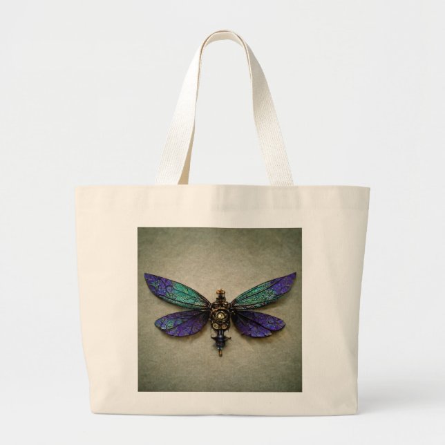Steampunk Dragonflies Blue Green Lila Jumbo Stoffbeutel (Vorne)