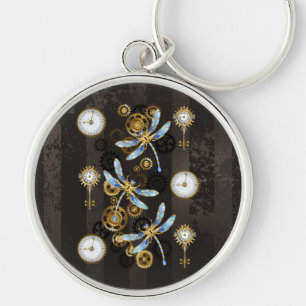 Steampunk Dragonflies on brown striped background Schlüsselanhänger