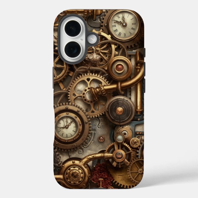 Steampunk Dreams: Gears and Timeparts Fusion iPhone 16 Hülle (Rückseite)