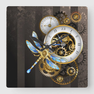 Steampunk-Drehknöpfe mit Libelle Quadratische Wanduhr