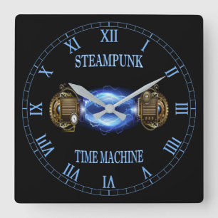 Steampunk ~ Electronic Blue Wave ~ Time Machine ~ Quadratische Wanduhr