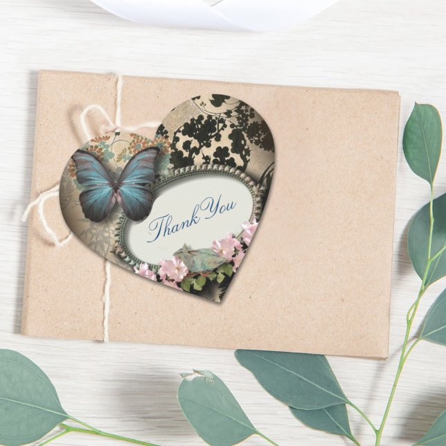 Steampunk Ephemera Blumenschmetterling viktorianis Herz-Aufkleber (steampunk Ephemera floral Butterfly victorian Heart Sticker)