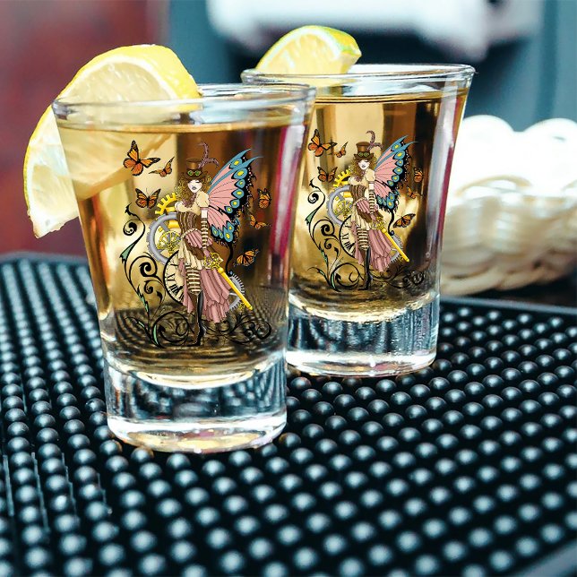 Steampunk Fairy Yellow Clock Gears Schnapsglas (Von Creator hochgeladen)